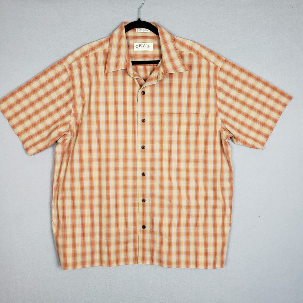 Orvis Men's XL Short‎ Sleeve Casual Button Up Yellow Orange Spring Plaid Cotton